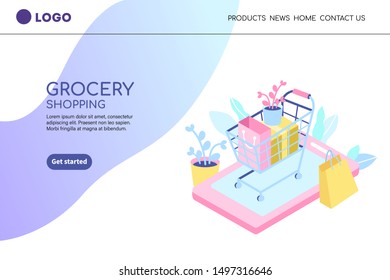 Vector isometric illustration. Shopping cart with bags, flowers and purchases. Online shopping using smartphone. Landing page template