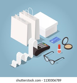 Vector isometric illustration of shopping and paying with card. Card machine with long receipt, shopping bags, shoe box, woman glasses, credit card, nail polish and powder. Clothes shopping concept.