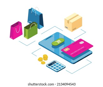 Vector isometric illustration, shopping in your smartphone. Shopping with credit card, online technology. Payment for parcels, goods