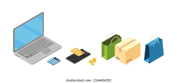 Vector isometric illustration, shopping in your smartphone and laptop. Shopping with credit card, online technology. Payment for parcels, goods