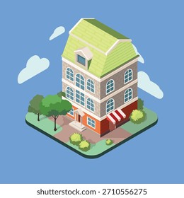 Una ilustración isométrica de Vector que muestra una casa moderna, sobre un fondo azul vibrante. Este gráfico es ideal para imágenes de bienes raíces, conceptos de planificación urbana o mapas digitales minimalistas