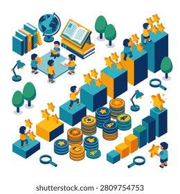A vector isometric illustration showing kids studying with books and climbing blocks to collect stars representing learning progress and gamification