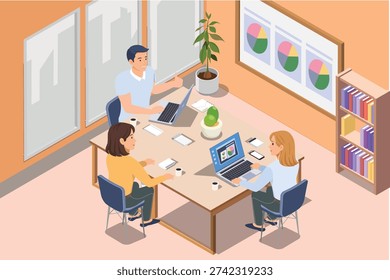 Vector Isometric illustration shows three people working together in a modern office. They are sitting around a table with laptops and notebooks, discussing charts and data displayed on a screen and on the wall. The room has large windows, a bookshelf, and a plant, creating a comfortable and professional workspace atmosphere.