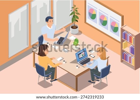 Vector Isometric illustration shows three people working together in a modern office. They are sitting around a table with laptops and notebooks, discussing charts and data displayed on a screen and on the wall. The room has large windows, a bookshelf, and a plant, creating a comfortable and professional workspace atmosphere.