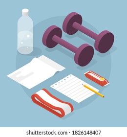 Vector isometric illustration of simple fitness equipment for home workouts. Two dumbbells, red exercise band, bottle of water, towel, paper and pencil and protein bar.