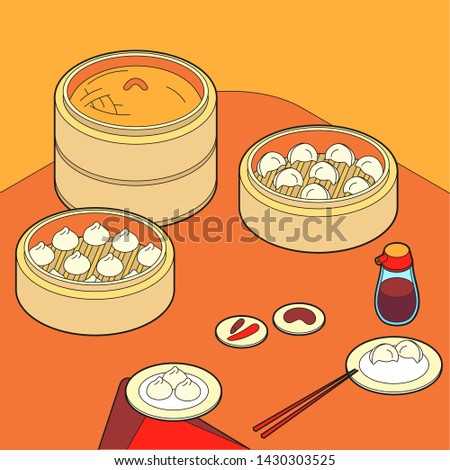 Vector isometric illustration sketch. Popular Asia food Dim Sum set collection. Included Bun and Dumpling.