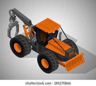 Vector isometric illustration of a skidder , heavy forestry vehicle for pulling cut trees out of a forest and transported from the cutting site to a landing. Equipment for forestry industry.