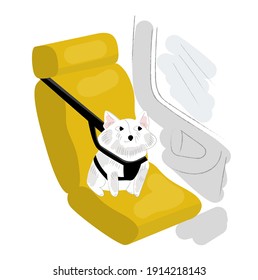 Vector isometric illustration small dog sitting in car auto seat, bag, with holding harness. Concept special holding device for safe transport pets.