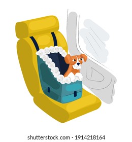 Vector isometric illustration small dog sitting in car auto seat, bag, with holding harness. Concept special holding device for safe transport pets.