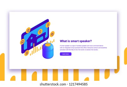 Vector isometric illustration of smart speaker and home automation digital voice assistant with infographic and description text isolated on white background