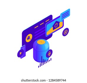 Vector isometric illustration of smart speaker, digital control for websites and mobile applications, smart voice navigation concept isolated on white background