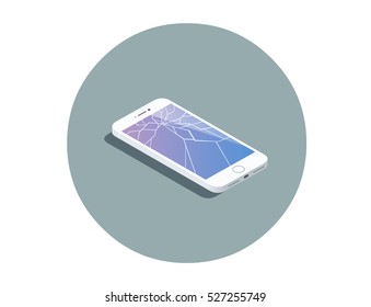 Vector isometric illustration of smartphone with broken screen, service for screen repair icon, 3d flat design electronic device object. 