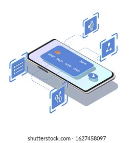 Vector Isometric illustration of smartphone and credit card on white background.Concept ofonline payments, personal data protection. Transfer money from card. Mobile wallet application.