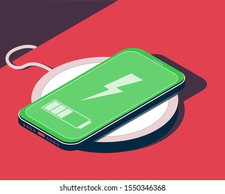 Vector isometric illustration with smartphone and wireless charger.