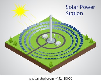 Vector isometric illustration of a solar power station. Extraction of energy from renewable sources. Generation of electricity using solar-energy.