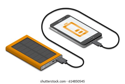 Vector isometric illustration of solar powerbank charging a smartphone