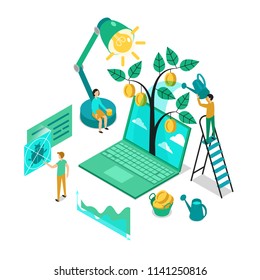 Vector isometric illustration of startup tree cultivated by young professional team.  Isolated on white.