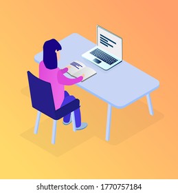 Vektorisometrische Illustration von Schülern auf Fernunterricht mit Notebook und Laptop