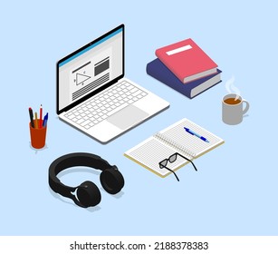 Vector isometric illustration of studying. Studying concept. Set of laptop, books, pen, pencil, marker, eyeglasses, hot chocolate or coffee, headset.