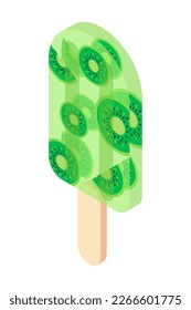 Vector isometric illustration of a summer bright dessert delicious ice cream isolated on a white background.Bright green popsicle fruit ice with kiwi pieces on a stick.
