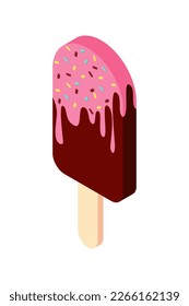 Vector isometric illustration of summer dessert delicious ice cream isolated on white background.Chocolate popsicle on a stick with dripping sweet pink icing and colorful bright sprinkles.