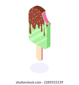 Vector isometric illustration of summer dessert delicious ice cream on a white isolated background. Pistachio bitten popsicle on a stick filled with dripping sweet chocolate icing and rainbow sprinkls