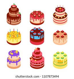 Vector isometric illustration of sweet baked cakes. Set of 3d cakes with different tastes. Birthday cakes. Vector isometric illustration.