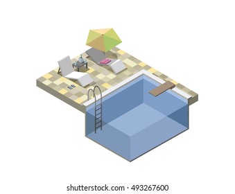 Vector isometric illustration of swimming pool with deck chair, hotel lounge zone, vacation icon, holiday, summer day, table with cold drink  