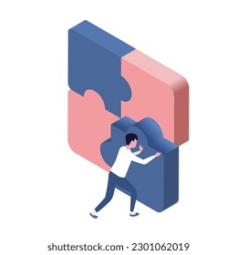 vector isometric illustration of team people with puzzle