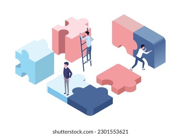 ilustración isométrica vectorial de los equipos con rompecabezas