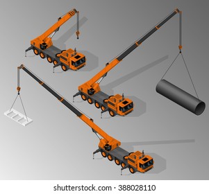 Vector isometric illustration of three views of mobile crane. Equipment for the construction industry.