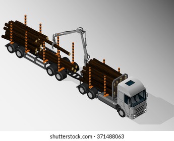 Vector isometric illustration of timber truck. Equipment for cargo delivery.