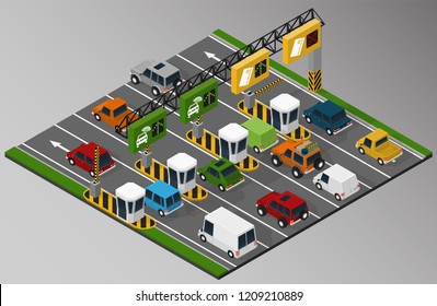 Vector isometric illustration of a toll collection area in the turnpike.