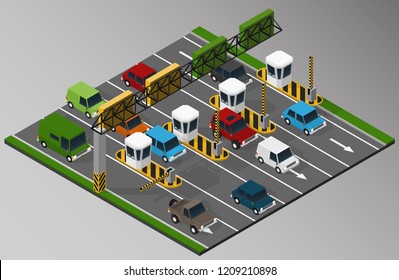 Vector isometric illustration of a toll collection area in the turnpike.