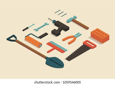 Vector isometric illustration of tools. White background. Shovel, roller, screwdriver, saw, pliers, drill, hammer, wrench, nail, brick