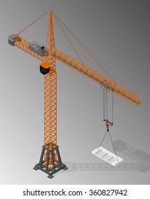 Vector isometric illustration of tower crane. Equipment for the construction industry.