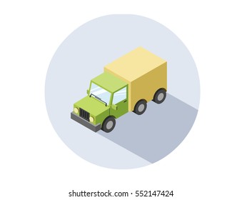 Vector isometric illustration of Truck. Lorry with container, isolated on white background. Cargo transportation icon. Game environment, transport infographics, logo, web design