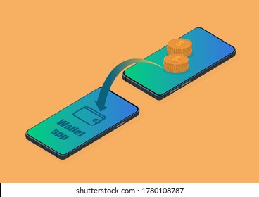 Vector isometric illustration of two smartphones transfers money from one to another with gold coins and arrow 