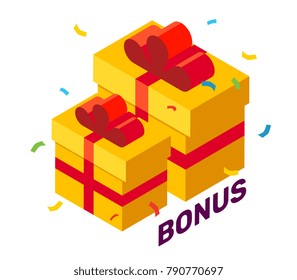 Vector isometric illustration of two yellow present with red ribbon, bow, bright confetti on color background with text. Colorful 3d style gift box design for web, christmas, birthday card, banner