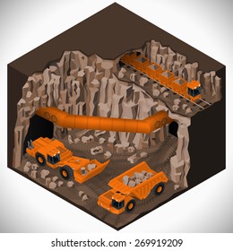 Vector Isometric Illustration Of A Underground Mining Quarry, Articulated Dump Truck, Mining Train And A Articulated Backhoe Excavator. Equipment For High-mining Industry.