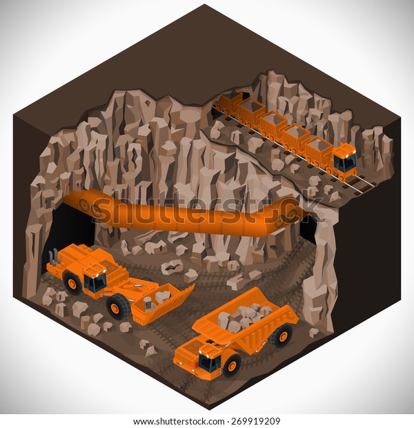 Vector isometric\
illustration of a underground mining quarry, articulated dump\
truck, mining train and a articulated backhoe excavator. Equipment\
for high-mining\
industry.