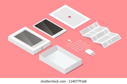 Vector isometric illustration of unpacking new tablet. Opened box, tablet, substrate and paper instruction. Inside device package concept.
