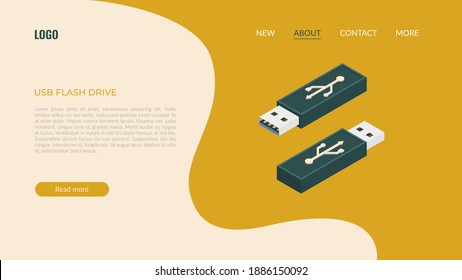 Vector isometric illustration, usb flash drive in minimalistic volumetric. Color Set Sail Champagne, Fortuna Gold, Tidewater Green. Design template for web banner, landing page.