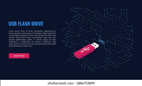 Vector isometric illustration, usb flash drive against the background of lines in the style of computer chips. Design template for web banner, landing page. Copyspace.
