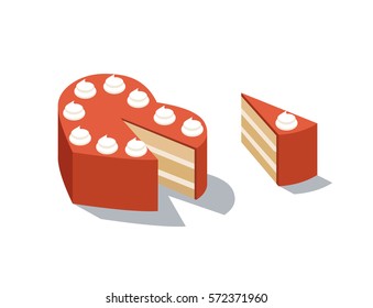 Vector isometric illustration of valentines red cake heart shape, 3D flat food design icon