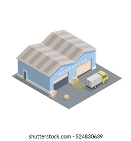 Vector isometric illustration of warehouse building with cargo car and boxes. Warehouse exterior. Warehouse web. Logistic storage.