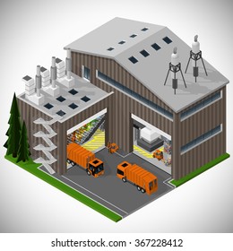 Vector isometric illustration of a waste processing plant. Saving the environment.