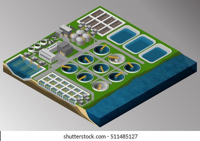 Vector isometric illustration of the wastewater treatment plant consisting of sedimentation basins, fermenters, bioreactors. Equipment for the protection of the environment.