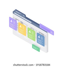 Vector isometric illustration of website with search bar and social media personal accounts on isolated white background showing concept of online communication
