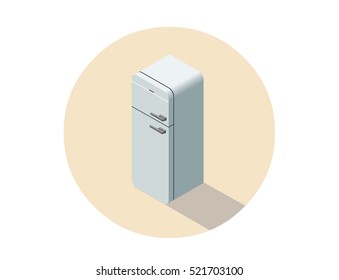 Vector isometric illustration of white fridge, 3d flat refrigerator, kitchen equipment object, home constructor element
